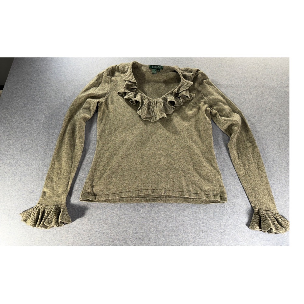 Lauren Ralph Lauren Vintage 90s Silk Cashmere Ruffle Neck Sweater Olive Green L - Picture 1 of 6